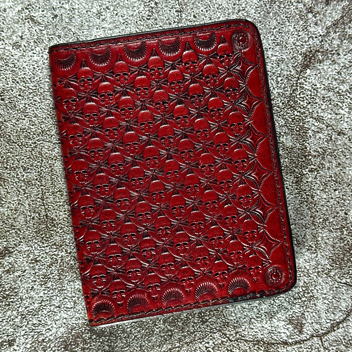 The "Classic" 5 Pocket ID Bifold | Cherry Red | Skull Pattern | Card & Cash Holder