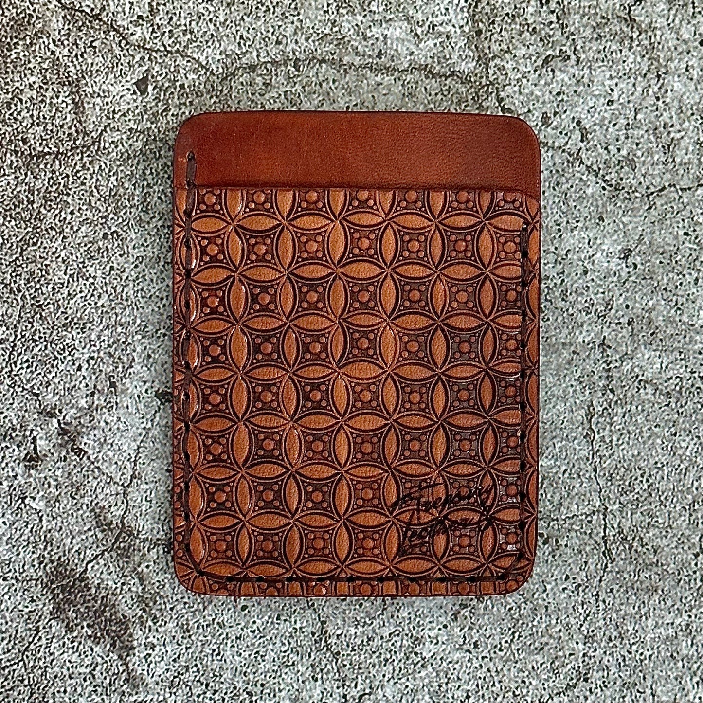 The "Clip" Card Holder & Money Clip Hand Tooled Geo Diamond | Light Brown Antique |