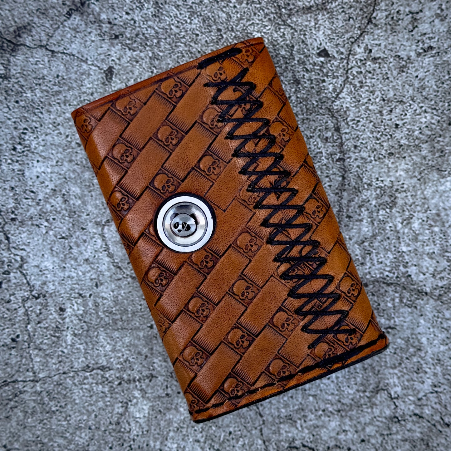 | Ready to Ship | Billet Box Rev 4 Hand Tooled Skull Weave | Natural Antique Brown |