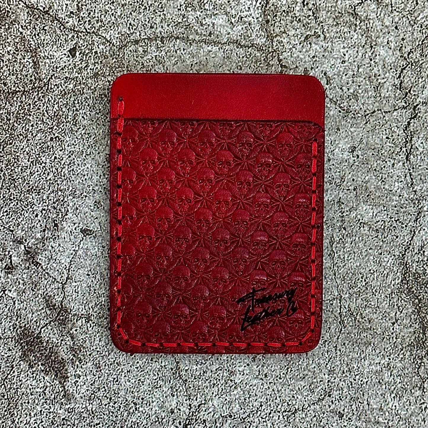 The "Clip" Card Holder & Money Clip Hand Tooled Geo Skull | Red |
