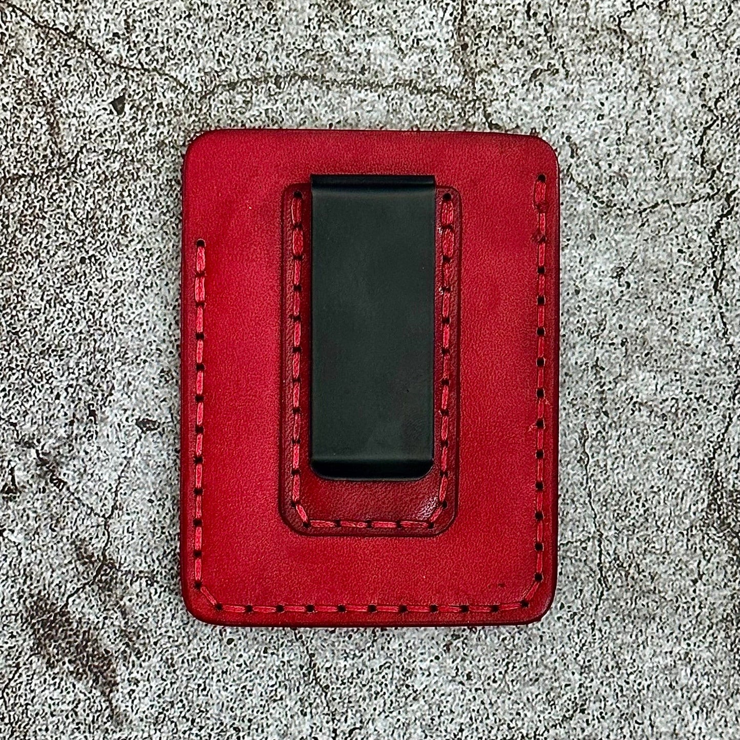 Handmade Card Holder & Money Clip in Hand Tooled Skull Basket Weave Leather | Red | Handmade Wallet Minimalist