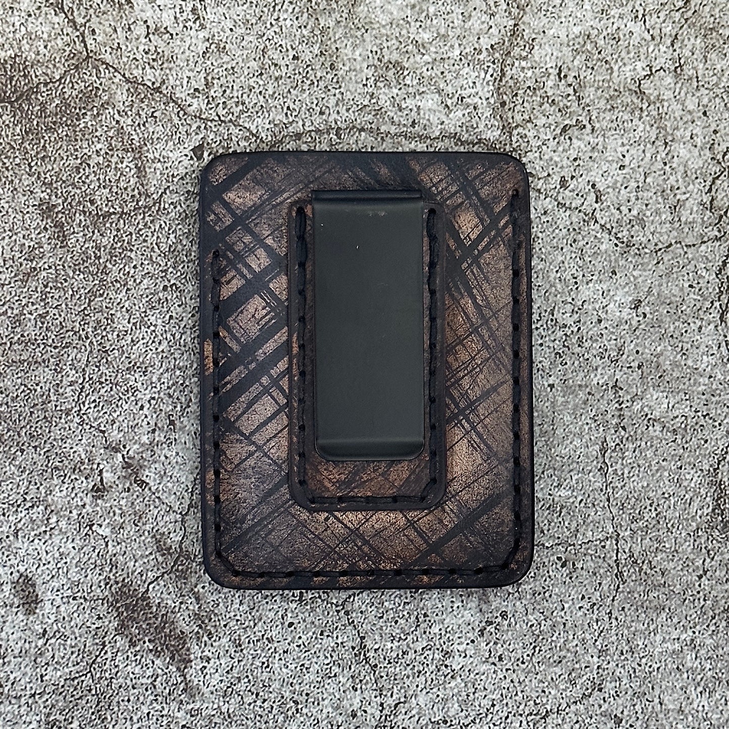 Handmade Card Holder & Money Clip in Hand Tooled Geo Diamond Leather | Natural Black Slash | Handmade Wallet Minimalist Fleur De Lys