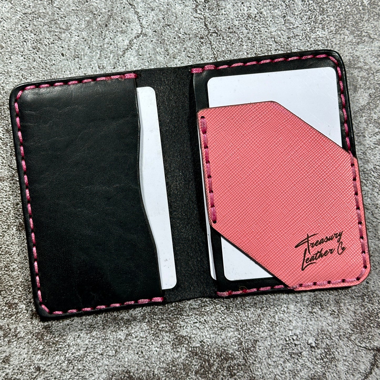 Minimalist Bifold Card Wallet | 4 Pocket | Italian Saffiano | Pink Black