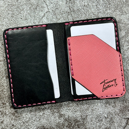 Minimalist Bifold Card Wallet | 4 Pocket | Italian Saffiano | Pink Black