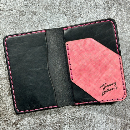 Minimalist Bifold Card Wallet | 4 Pocket | Italian Saffiano | Pink Black