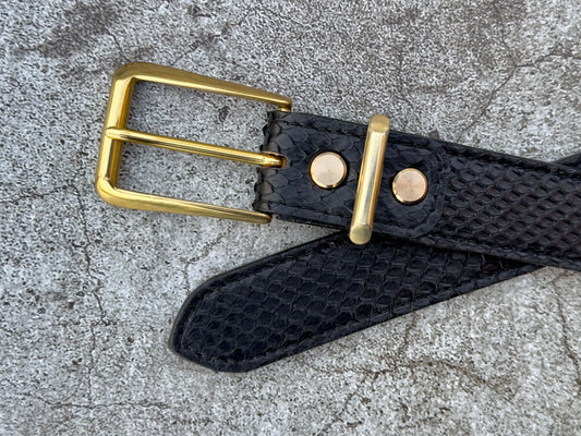 Black Python Leather Belt 1.25" (Polished Brass)