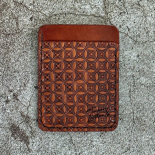 The "Clip" Card Holder & Money Clip Hand Tooled Geo Diamond | Light Brown Antique |