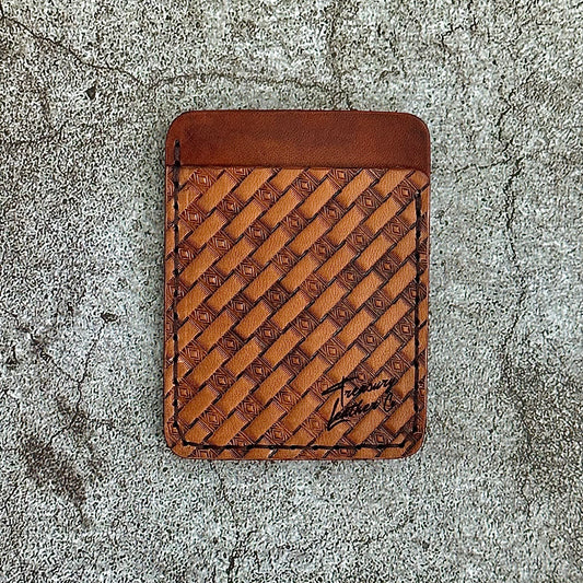 The "Clip" Card Holder & Money Clip Hand Tooled Diamond Weave | Light Brown Antique |