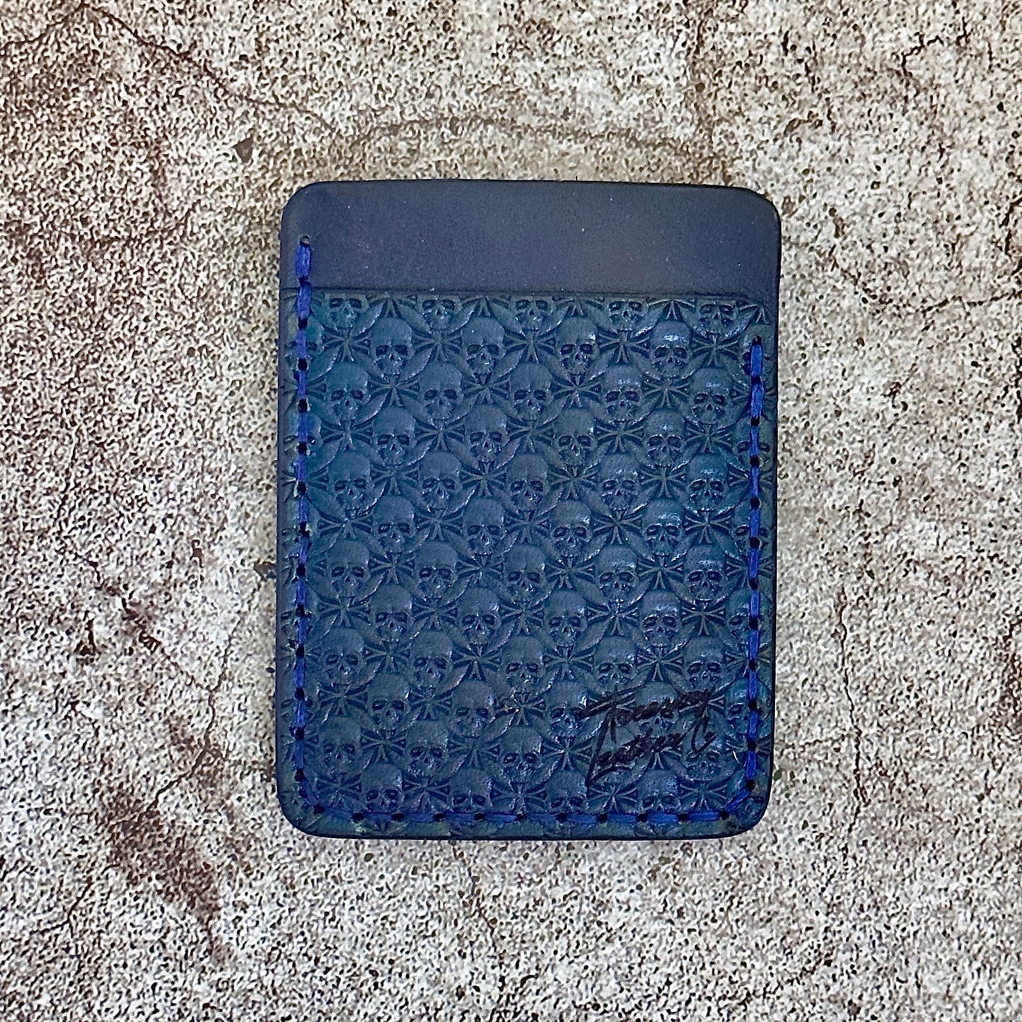 Handmade Card Holder & Money Clip in Hand Tooled Geo Skull Leather | Blue | Handmade Wallet Minimalist