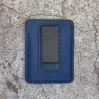Handmade Card Holder & Money Clip in Hand Tooled Geo Skull Leather | Blue | Handmade Wallet Minimalist