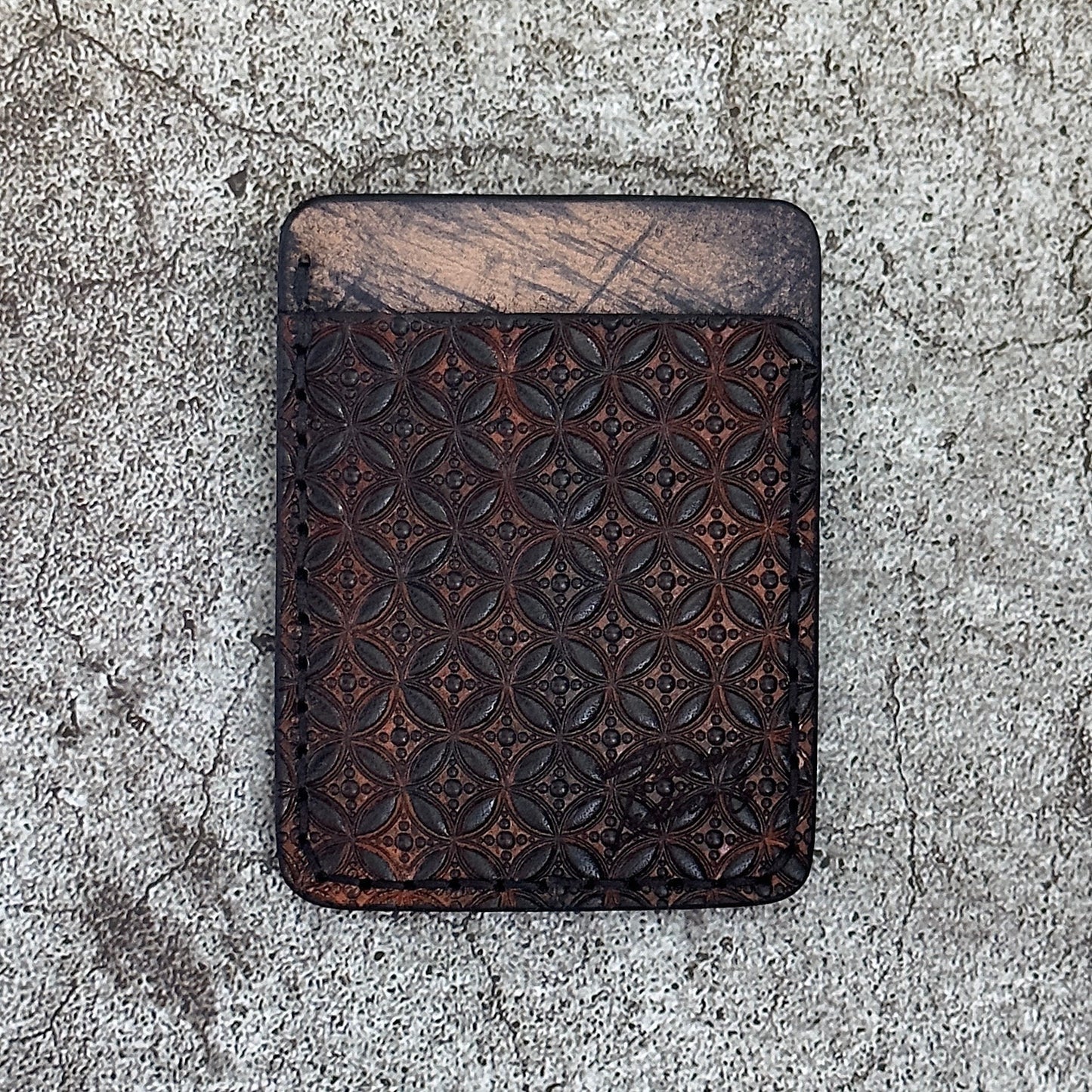 Handmade Card Holder & Money Clip in Hand Tooled Geo Diamond Leather | Natural Black Slash | Handmade Wallet Minimalist Fleur De Lys