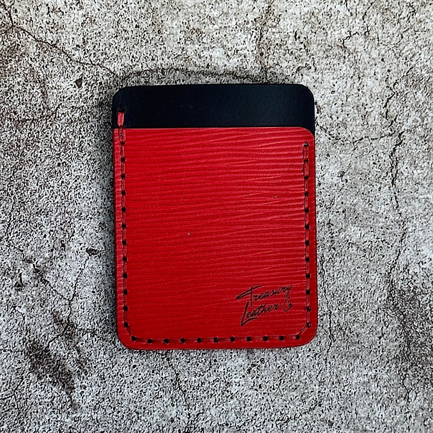 Handmade Card Holder & Money Clip in Epi Pattern Veg Tan leather | Red Black | Handmade Wallet Minimalist