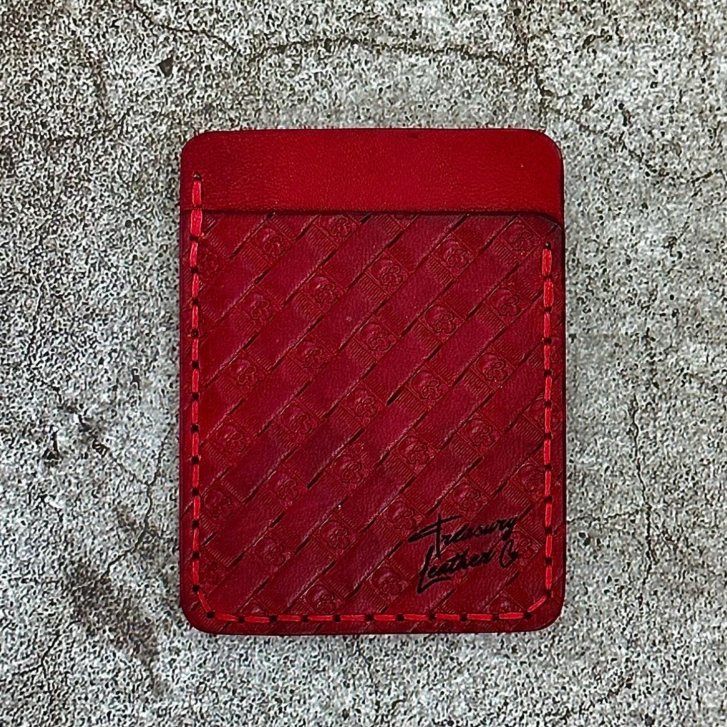Handmade Card Holder & Money Clip in Hand Tooled Skull Basket Weave Leather | Red | Handmade Wallet Minimalist