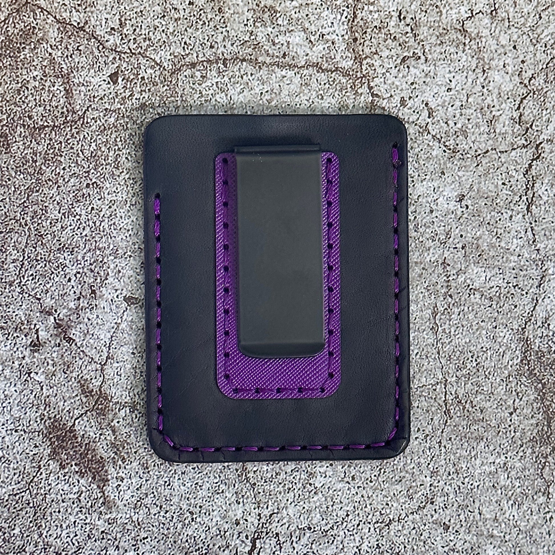 Handmade Card Holder & Money Clip in Saffiano Veg Tan leather | Purple Black | Handmade Wallet Minimalist